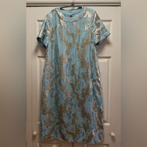 Mestiza Adria Midi Dress Blue Gold Jacquard Lined Short Sleeve Size L